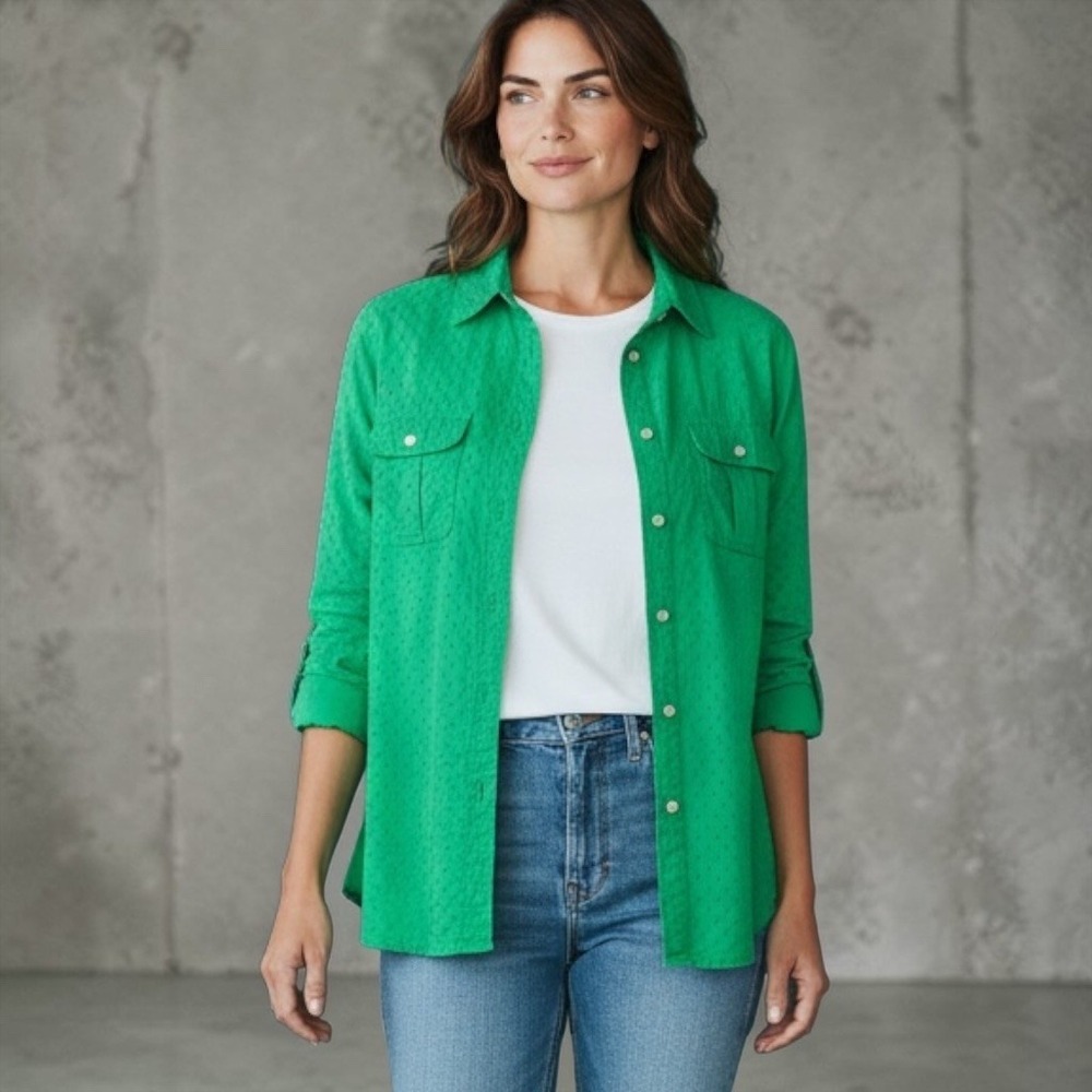Gap Fitted Boyfriend Green Swiss Dot Cotton Button Down Shirt Womens Medium